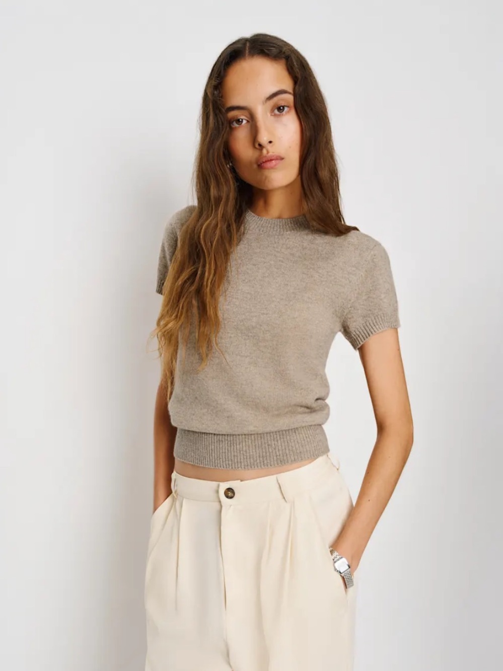 Reformation Darcy Cashmere Tee Natural - Size S
